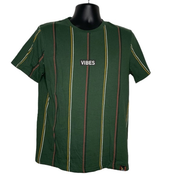 WXYZ Striped “Vibes” Short Sleeve Slogan T-Shirt (Size:M, Color:Green/Multi) - Picture 1 of 4